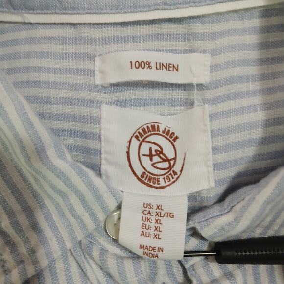 Panama Jack Blue and White Stripe Short-Sleeved Button-Up Shirt 100% Linen XL - Picture 2 of 10
